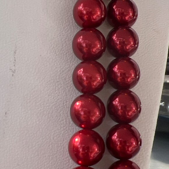 Vtg RMN Double Strand Necklace Red Graduated Faux Pearls Marcasite Beads Estate - Picture 3 of 5